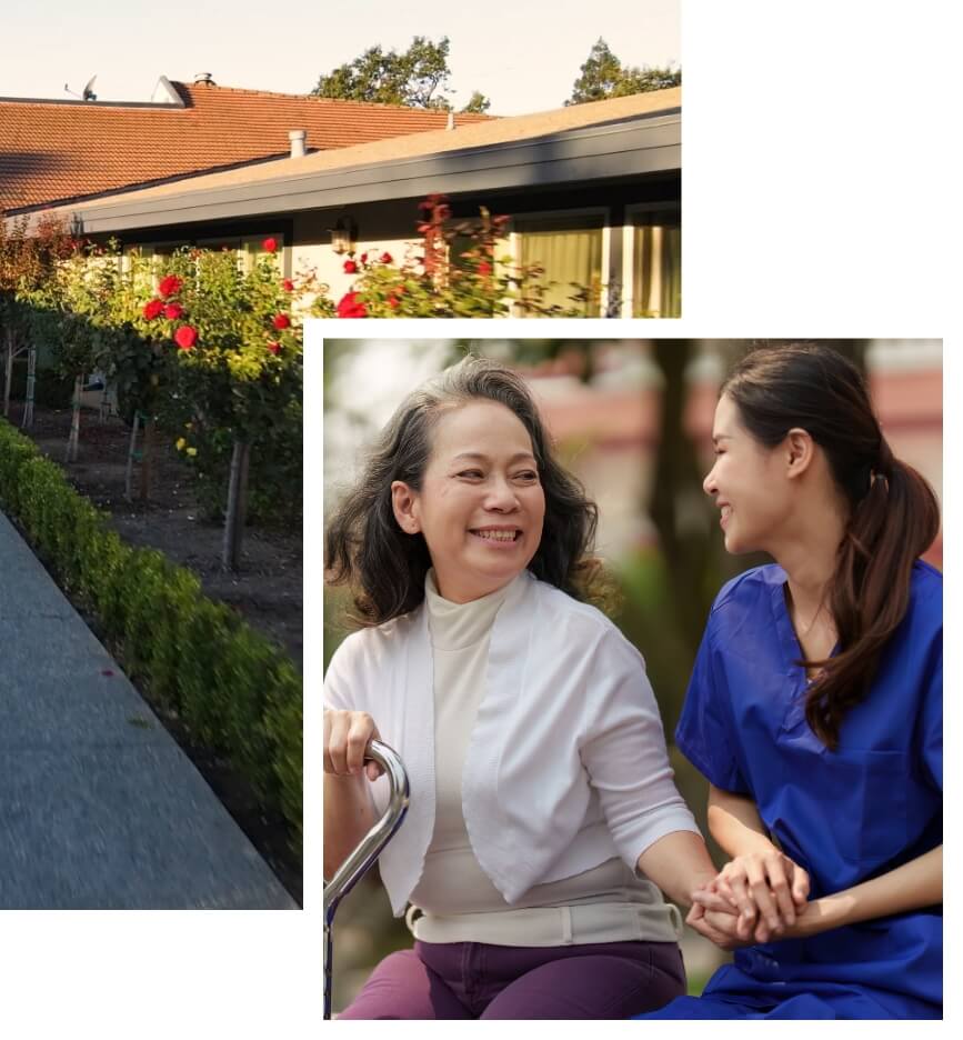 Nurse with guest and view of the front entrance.